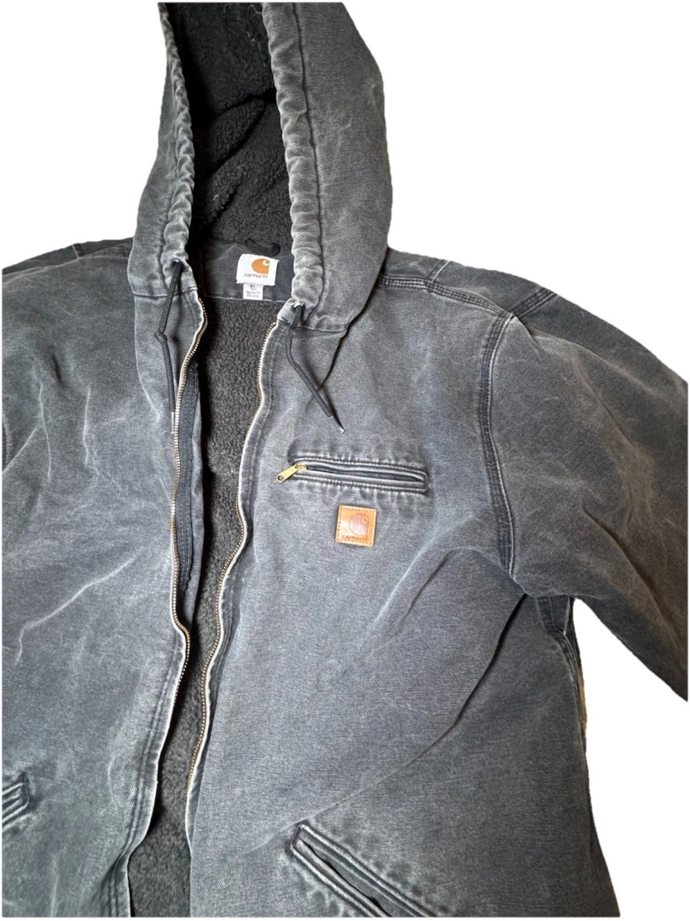 CARHARTT Men's XL J141 Distressed Duck Sherpa Lined Black Hooded ZipUp 10/19